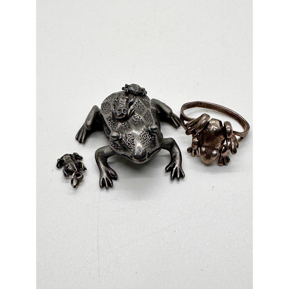 VTG Frog Jewelry Set Trinket Box Ring Charm Earrings Silver Tone Cottagecore